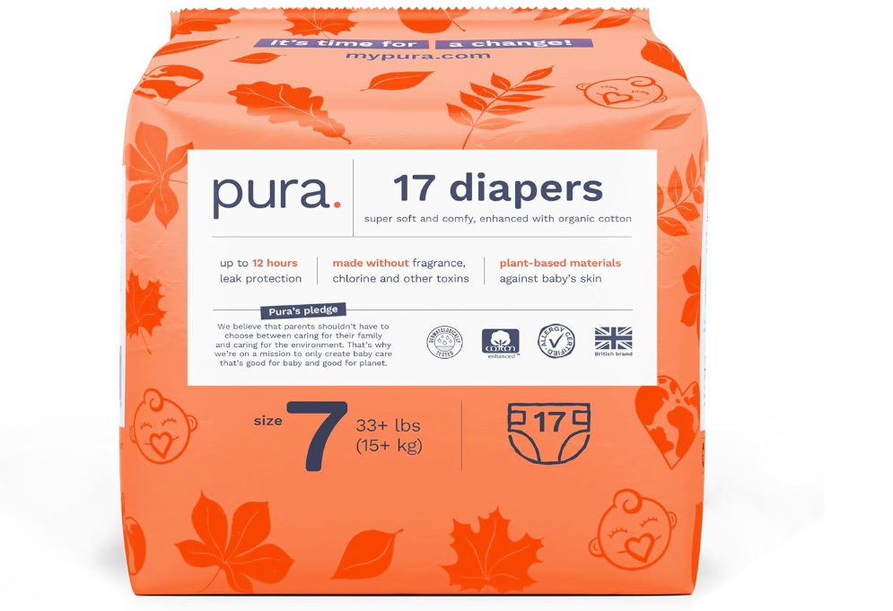 Pura Size 7 Eco-Friendly Diapers (33+lbs) Totally Chlorine Free (TCF) Hypoallergenic, Soft Organic Cotton, Sustainable, up to 12 Hours Leak Protection, Allergy UK, 17 Diapers