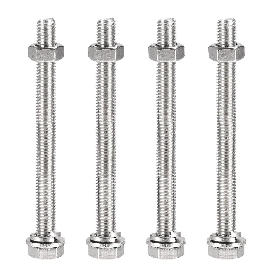 uxcell M10 x 120mm Hex Head Screws Bolts, Nuts, Flat & Lock Washers Kits, 304 Stainless Steel Fully Thread Hexagon Bolts 4 Sets