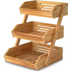 Merysen 3 Tier Wooden Fruit Basket For Kitchen, Bread Vegetable Fruit Basket Bowl Stand, Farmhouse Fruit Bowl for Countertop, Large