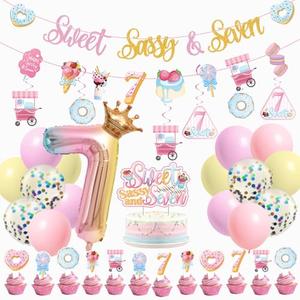 JUYRLE Sweet Sassy And Seven Birthday Decorations- 7th Birthday Decorations For Girls With Donut Banner Sweet Cake Topper 7th Foil Balloon For 7th Donut Themed Party Decor Sweet Seven Party Supplies