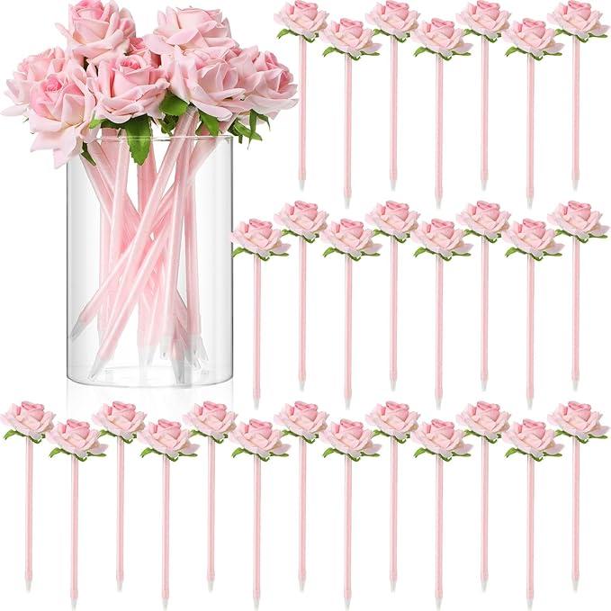 28 Pcs Valentine's Day Flower Rose Pens Valentine Gifts Artificial Floral 0.5mm Black Ink Gel Pen for Valentines Gifts Wedding Mother's Day Home Office Supplies(Pink)