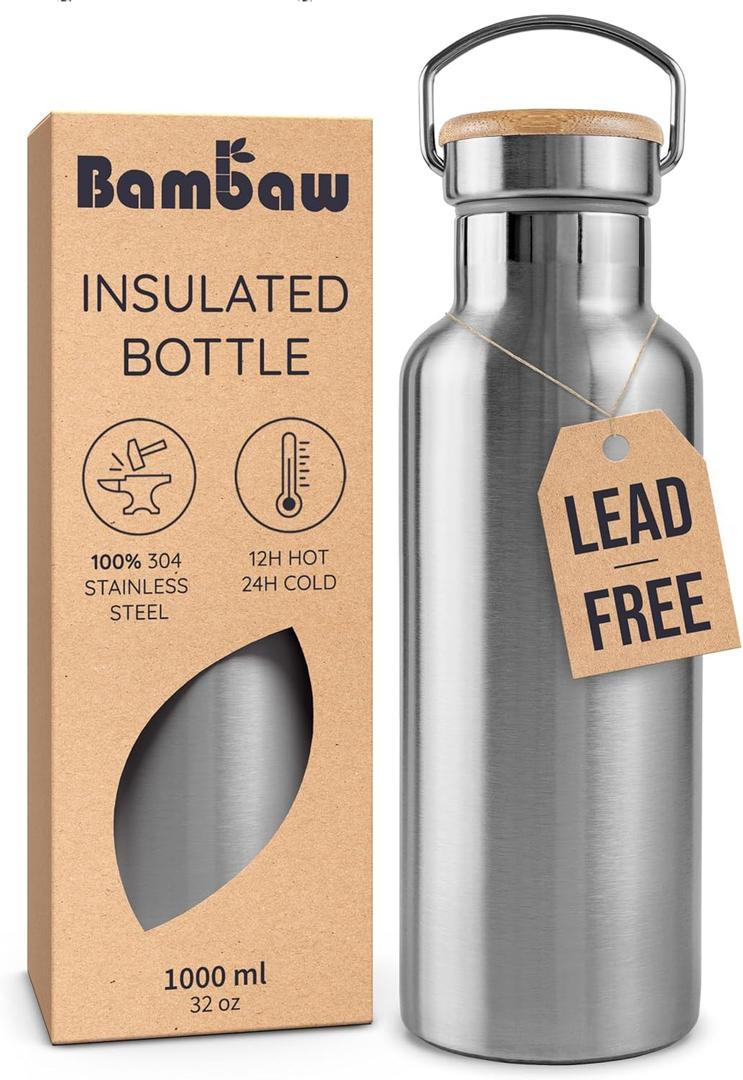 Bambaw Stainless Steel Insulated Water Bottle 32 oz, Stainless Steel Water Bottles 32 oz with Handle & Wide Mouth, Rust-Resistant Metal, Durable & Great for Travel (Natural Steel)
