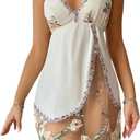 OYOANGLE Women's Floral Embroidery Spaghetti Strap Mesh Sleep Dress V Neck Split Hem Mini Cami Nightgown