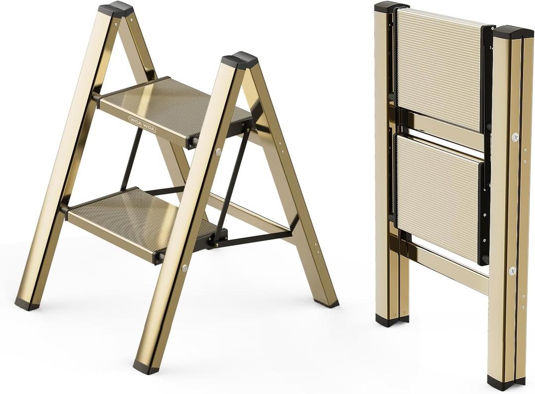WOA WOA Step Ladder, 2 Step Foldable Step Stool with Widen Pedals, Portable Aluminum Stepladder, Compact Ladder for Space Saving, Home Ladder for Kitchen(300lbs, Gold) (2 Step, Brown Gold)