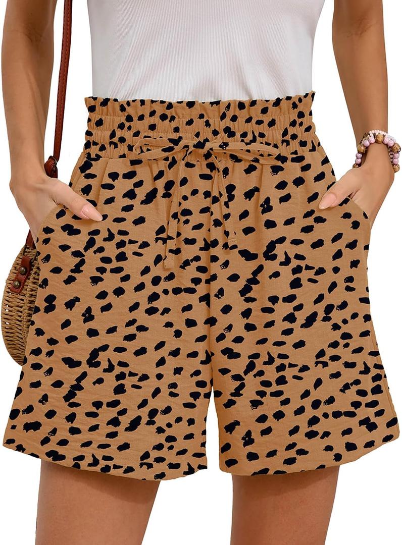 Summer High Waist Wide Leg Elastic Drawstring Shorts with Pockets (S)