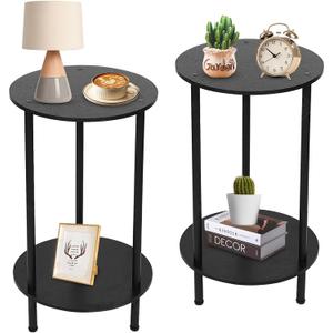Small Round Side Table, Side Tables Living Room, Bedside Table Set of 2, Black End Table for Bedrooms, Small Side Table for Small Spaces, 2 Tiers Modern Side Table with Storage Shelf, Easy to Assemble (Black)