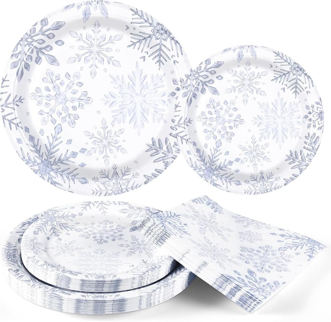 Homlouue 200 PCS Christmas Paper Plates and Napkins Sets, Snowflake Paper Plates and Napkins Disposable, Heavy Duty Christmas Plate Disposable, Silver Snowflake Holiday Plate Napkin, Serve 50 Guests