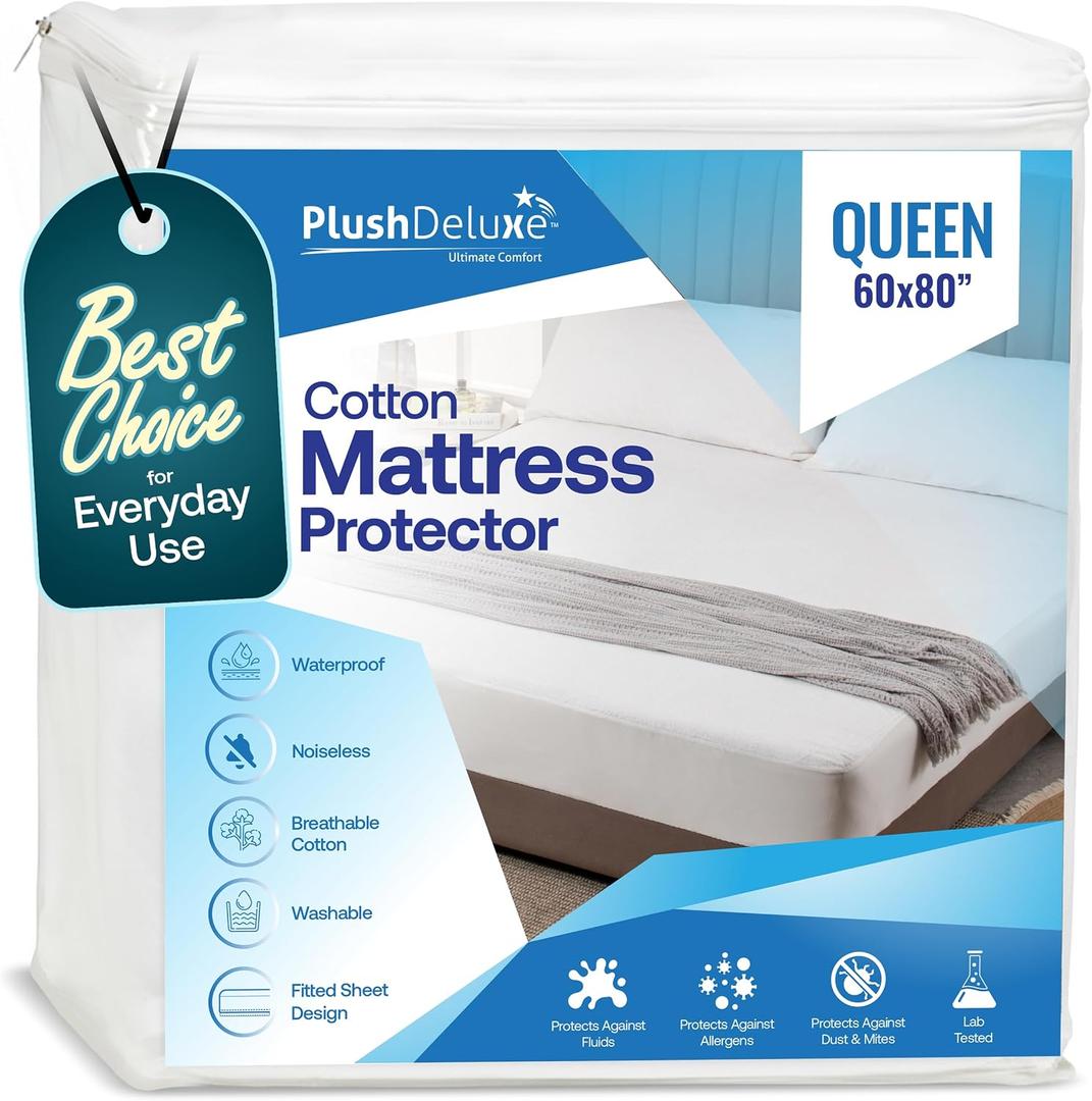 PlushDeluxe Queen Mattress Protector, Breathable Soft Terry Cotton Fitted Sheet Bed Cover with Deep Stretchable Pockets, 100% Waterproof, Noiseless, Hypoallergenic, Dust Mite Proof, 60"x80"x15"