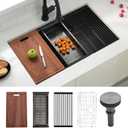 32 Undermount Kitchen Sink 32" x 19" Black Stainless Steel Kitchen Sinks 16 Gauge Single Bowl Ledge Workstation Handmade Under Counter Kitchen Sinks with Built-In Accessories