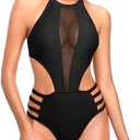 Tempt Me Women One Piece Sexy Mesh Swimsuit High Neck Halter Cutout Monokini Swimwear, M