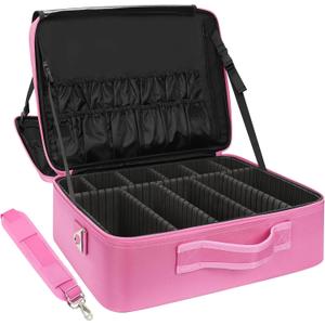 Relavel Extra Large Makeup Case Travel Train Case Professional Makeup Artist Bag Portable Nail Organizer Box Art Supply Case with Adjustable Dividers/Attach to Trolley/Shoulder Strap (Rose Pink)