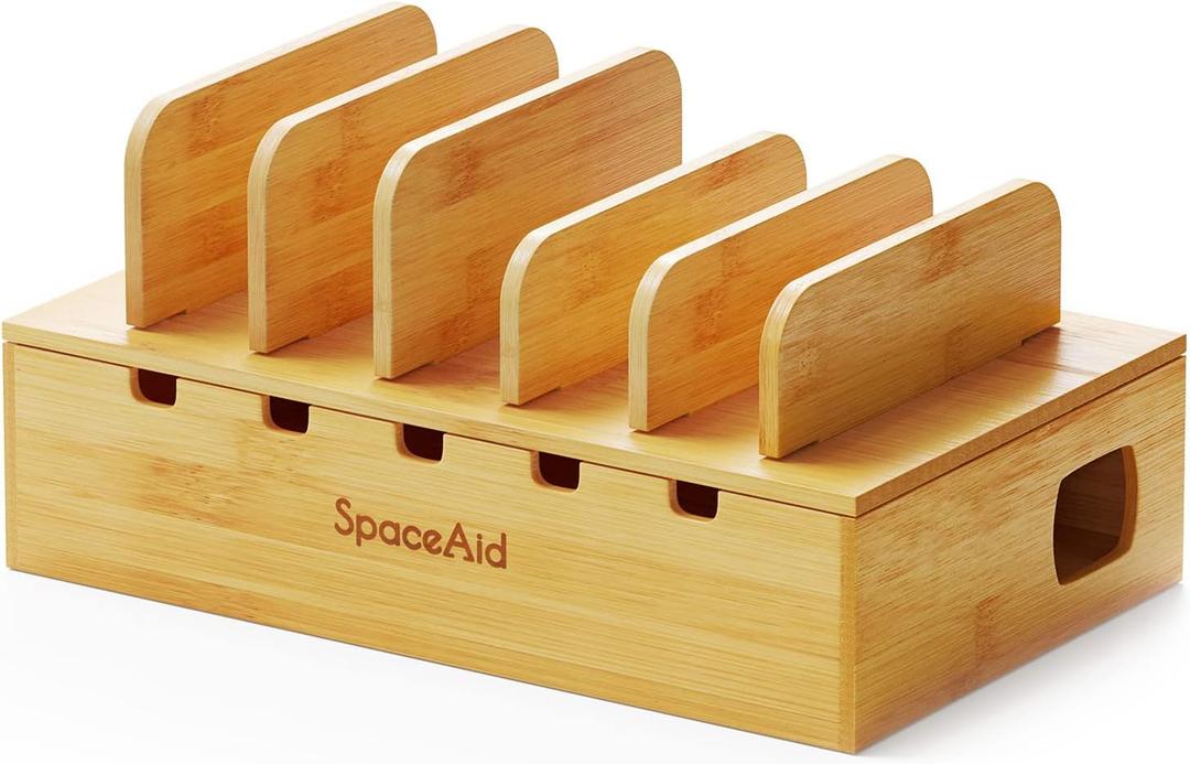 SpaceAid Bamboo Charging Station for Multiple Devices, Cell Phone Docking Stations for Multi Laptop, Tablets and iPads, Nightstand Bedside Desk Device Charger Organizer (Natural) (Medium)