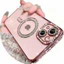 Magnetic Glitter Diamond for iPhone 13 Pro Max Case[Compatible with MagSafe] Sparkle Rhinestone Camera Lens Protector Plated,Crtstal Clear Slim Military Drop Shockproof Cover for Women,Pink