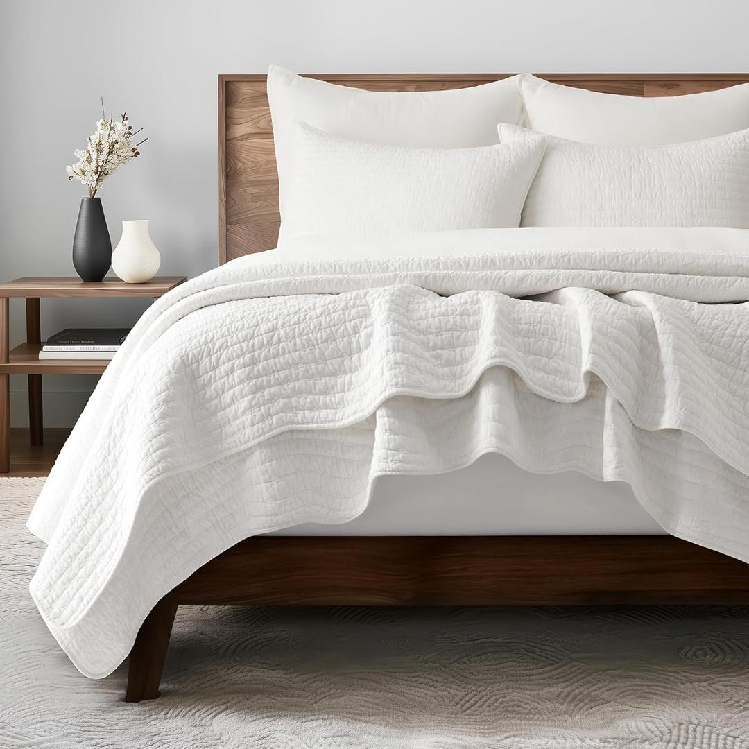 EVERGRACEHOME Cross Stitch Pre-Washed Cotton Quilt Bedding Set Queen Size, Oversized 3 Pieces Lightweight Bedspread Coverlet for All Season, with 2 Matching Shams, Bright White, 92"x96"