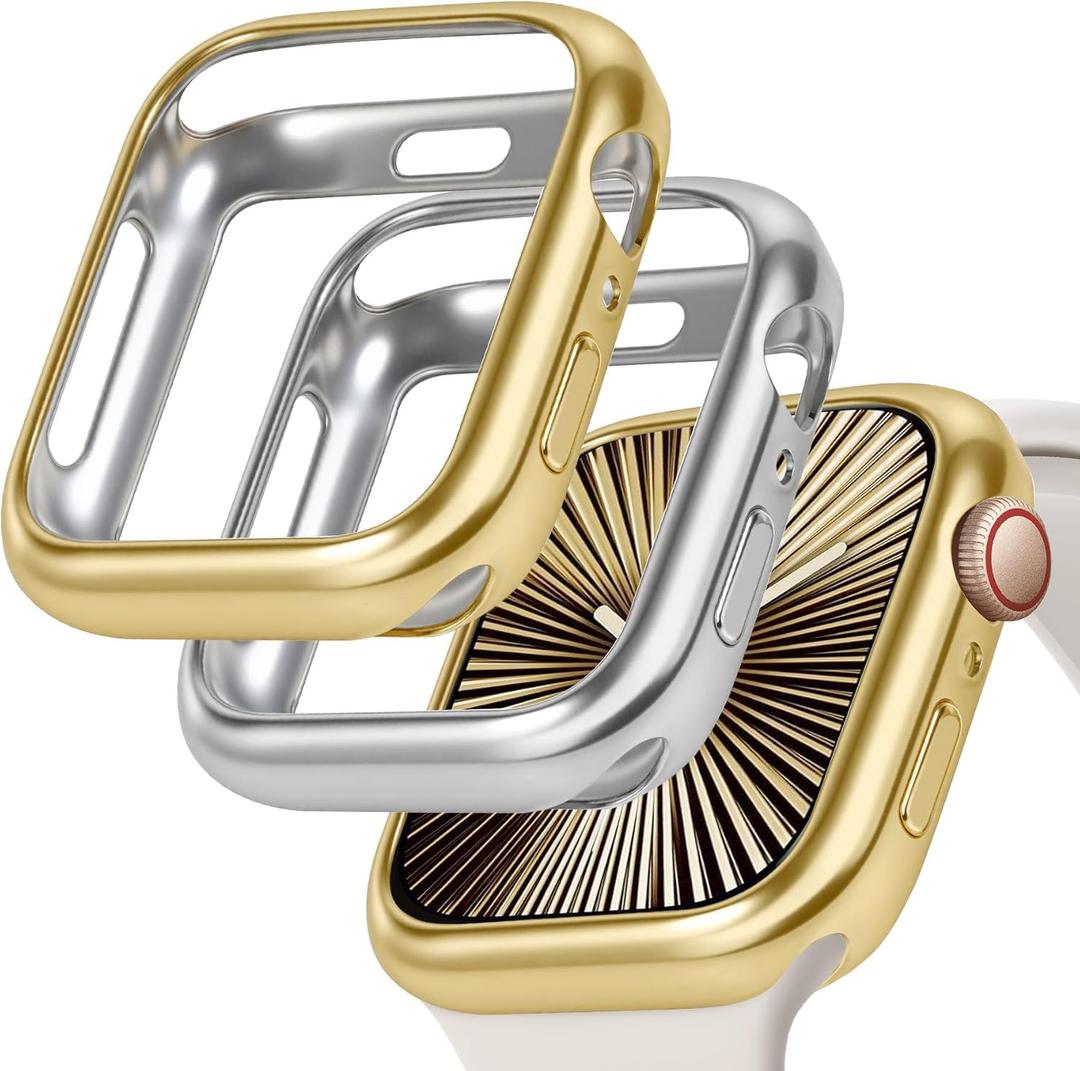 JR.DM 2 Pack 45mm Soft Flexible TPU Case Compatible for Apple Watch Series 9/8/7 Touchable Screen Lightweight Anti-Scratch All-Around Protector Thin Guard Shockproof Cover for iWatch, Gold+Silver