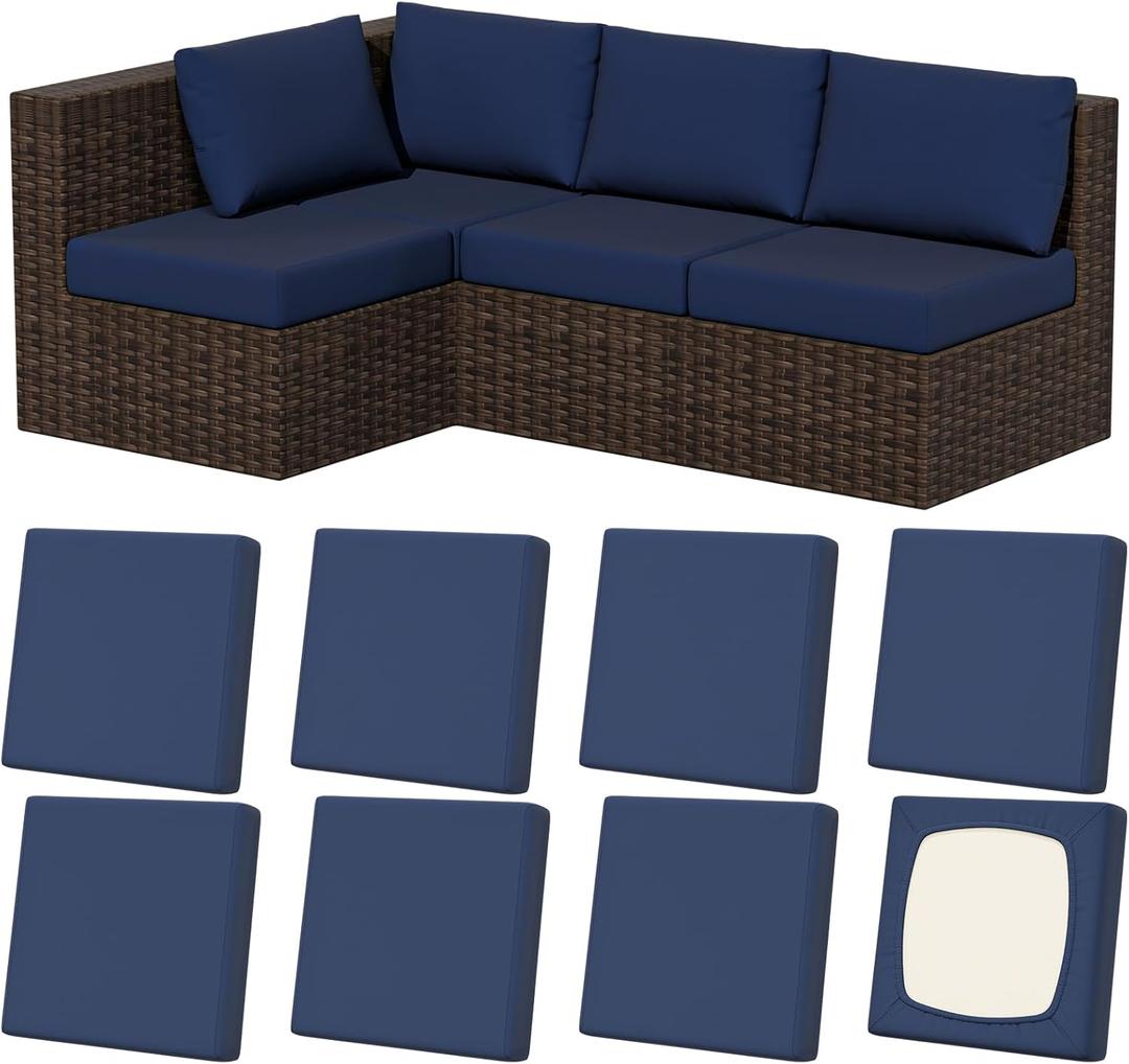 8Pcs Stretch Patio Cushion Covers, Outdoor Couch & Sofa Replacement Slipcovers for Patio Furniture Cushion Covers, Washable Reusable Furniture Protector (Square-large, Navy-blue)