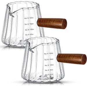 2 Pcs 6 Oz/180 ml Espresso Shot Glass with Wood Handle, Espresso Accessories, Single Spouts Milk Frother Measuring Cup with Clear Scale Heat Resistant for Coffee Milk Tea Syrup (Clear)