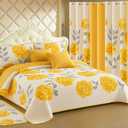 Queen Size Quilt 12 Piece Set Floral Bedding with Matching Curtains Fitted Sheet Yellow Queen