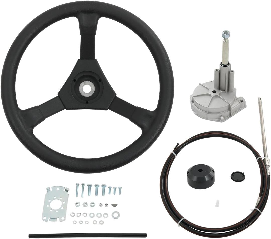 CARMOCAR 12ft Boat Steering Cable System,Outboard Rotary Kit with 13.5 Inch steering wheel,3/4" Tapered Shaft replacement for Marine Boat