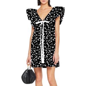 hibshaby Women's Floral Print Mini Dress V Neck Puff Sleeve Dress Short Babydoll Bow Dress. M Size