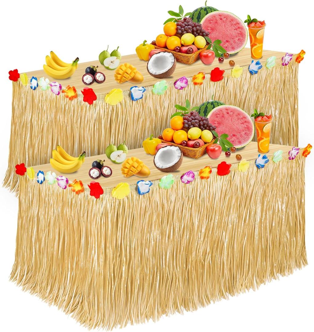 Luau Party Decorations, Grass Table Skirt for Tropical Hawaiian Party Decorations, Flower 72.8'' X 29.5'' Hawaiian Luau Party Favors & Aloha Summer Beach Themed Party Decorations Suppplies (2PCS Straw Yellow)