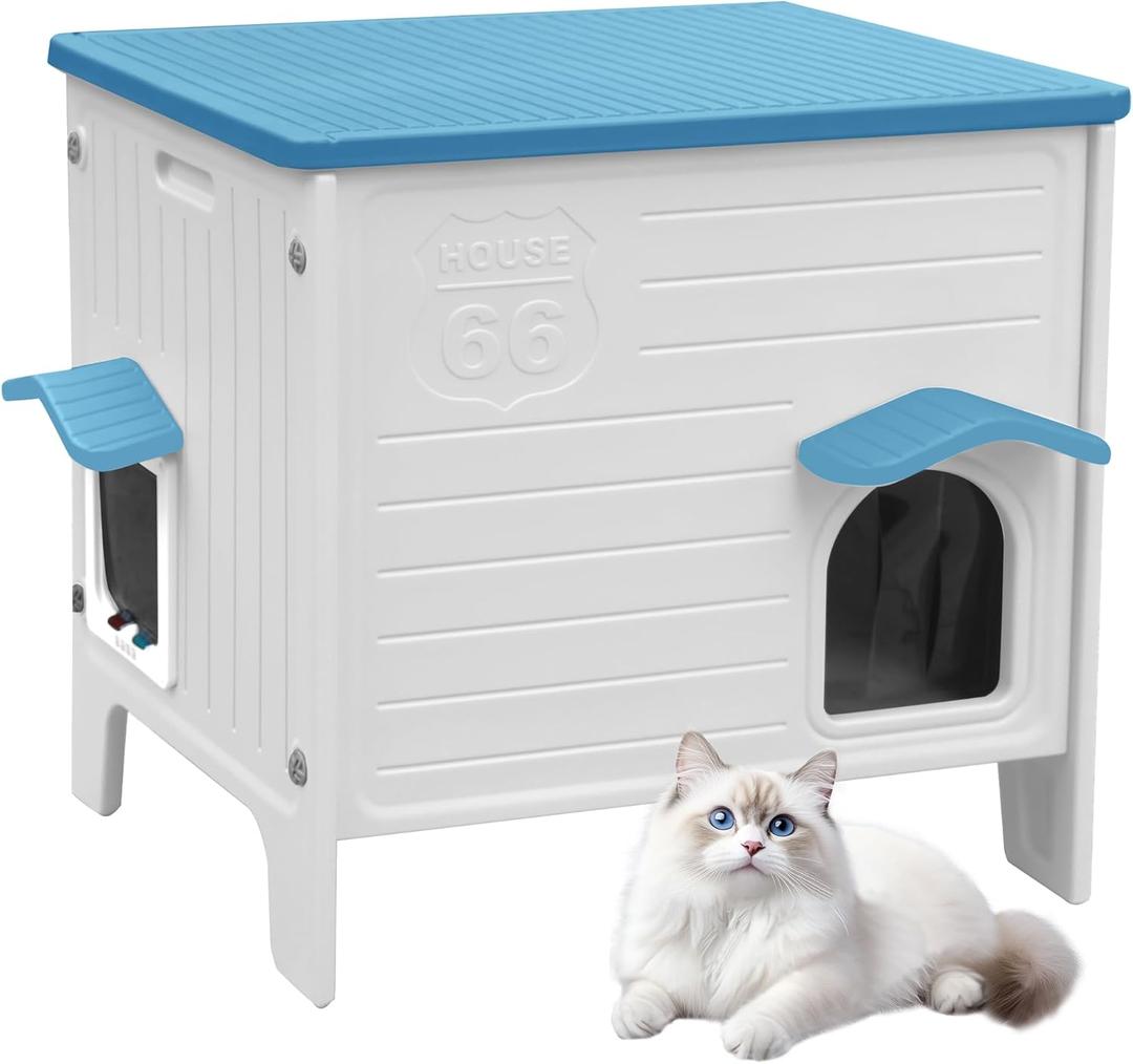 Cat House Outdoor Weatherpoof Plastic Cats Houses with Escape Door Indoor Waterproof Feral/Pet Cat Shelter Outside for Puppy, Rabbit(Blue) Cat House Outdoor Weatherpoof Plastic Cats Houses with Escape Door Indoor Waterproof Feral/Pet Cat Shelter Outside for Puppy, Rabbit(Blue)
