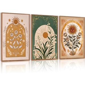 CHDITB Bohemian Floral Framed Canvas Wall Art Set, Nature Inspired Wall Decor, Boho Sun Art Spiritual Wall Painting, VintageArt Flowery Prints for Living Room, Bedroom, Office-Large Size 16"x24"x3