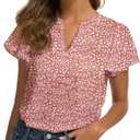 Women's Casual Ruffled V Neck Chiffon Blouse Short Sleeve Office Work Elegant Shirt Vintage Basic Tops (Pink Print) S