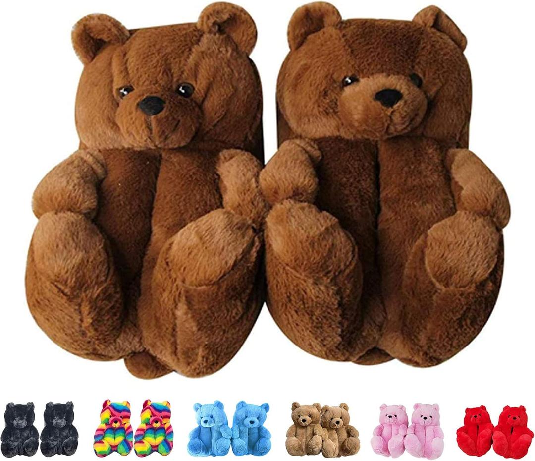 LELEBEAR Teddy Bear Slippers, Plush Animal Slippers Winter Warm Shoes (One Size, Dark Brown)