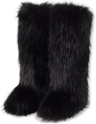 Faux Fur Boots for Women Winter Knee High Furry Snow Boots Fuzzy Fluffy for Girls Flat Long Boots (13 Wide, Black)