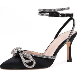 VETASTE Women's Double Bow Pointed Toe Ankle Strap Crystal Pumps Wedding Bridal Party Stilettos Backless Satin Heeled Sandals (7, Black)