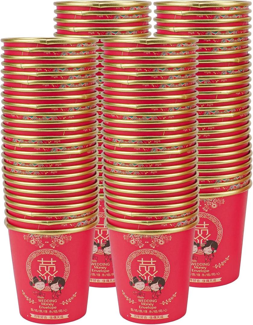 100PCS Chinese Wedding Disposable Paper Cups  Red Double Happiness Cups for Tea, Wine, or Water  Thickened Party Drinkware for Marriage Banquet, Engagement, and Celebration