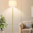 UpgradedDimmable Gold Floor Lamp for Living Room, 11W LED Bulb Included, Modern Standing Lamp with Marble Base, Tall Pole Light with White Linen Shade for Bedroom Reading Office Corner Nursery
