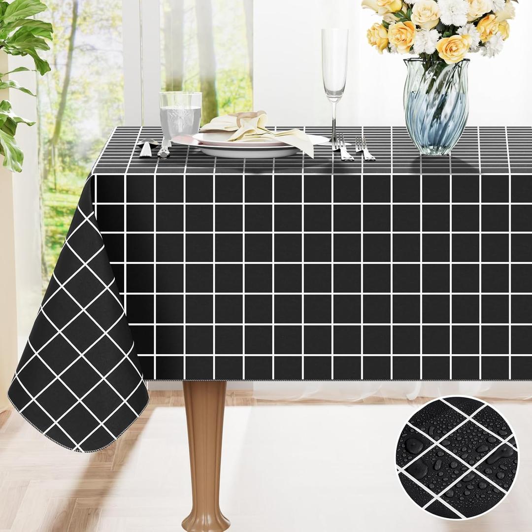 Rectangle Table Cloth, Waterproof Vinyl Tablecloths with Flannel Backing, Wipeable Plastic Plaid Table Cover for Dining, Picnic, Indoor and Outdoor (52" x 70", Black)