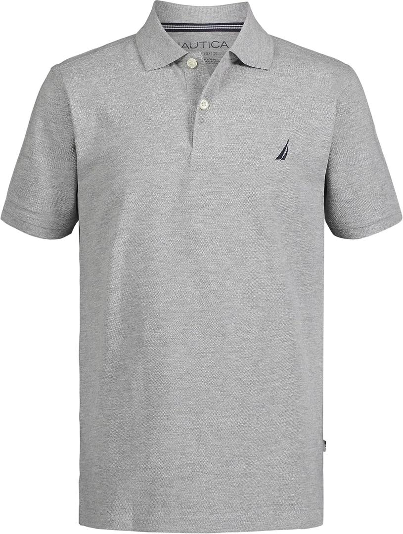 Nautica Boys' Short Sleeve Anchor Polo, Button Closure, Soft & Comfortable, Pique Fabric (18-20, Grey Heather)