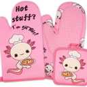 Oven Mitts and Pot Holders 3pcs Set, Axolotl Kitchen Oven Glove High Heat Resistant, Cute Oven Mitts and Potholder with Non-Slip Silicone Surface for Cooking Baking Barbecue