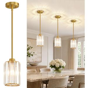 3 Pack Brushed Gold Pendant Lights Kitchen Island, Modern Crystal Chandelier Kitchen Pendant Lighting Over Island, Adjustable Hanging Mini Light Fixtures for Dining Room Hallway Corridor Bedroom