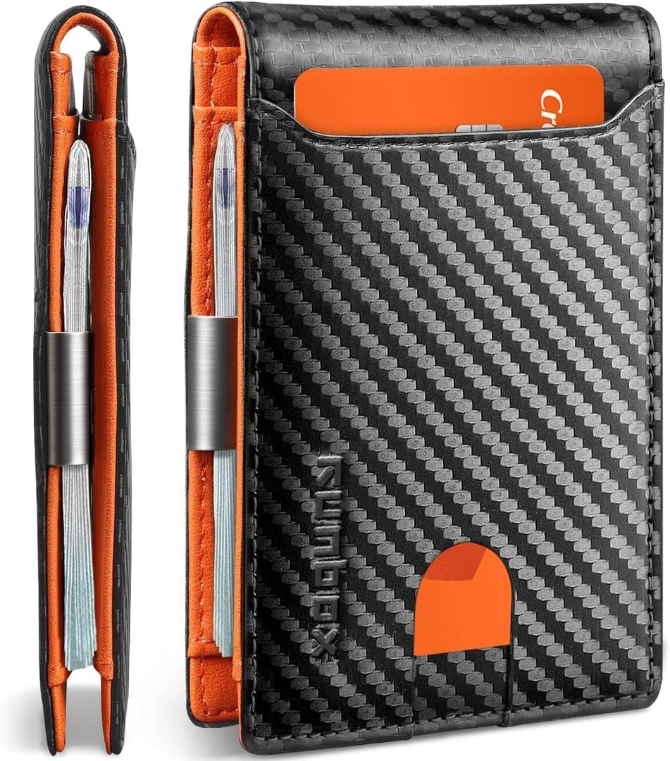 RUNBOX Slim Wallets for Men - Leather Money Clip Men's Wallet - RFID Blocking Front Pocket Bifold Wallet - Thin Credit Card Holder with Gift Box (Carbon Black & Orange)