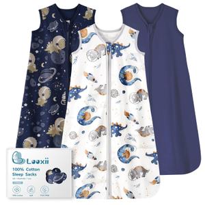 Looxii Baby Sleep Sack 0.5 TOG, 100% Cotton 3 Pack Wearable Blanket Baby Sleep Bag for Newborn Infant, 2-Way Zipper Lightweight Toddler Sleeping Sack 6-12 Months (Medium, Blue+Space+inosaurs)