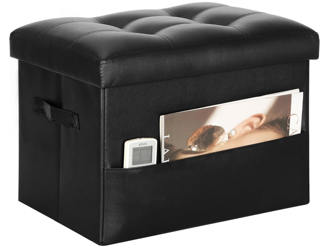 Storage Ottoman Foot Rest Stool with Thicker Foam Padded Seat. Foldable Leather Footstool Bench. Small Ottoman with Storage for Living Room Bedroom Coffee Table 350 lbs, 17x13x13in, Black.
