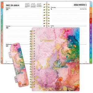 SUNEE 2026 Weekly and Monthly Planner - from January 2026 - December 2026, Daily Agenda Planner with Monthly Tab, Flexible Cover, Note Pages, Pockets, Bookmark, Spiral Binding, Marble, 6.4" x 8.3"