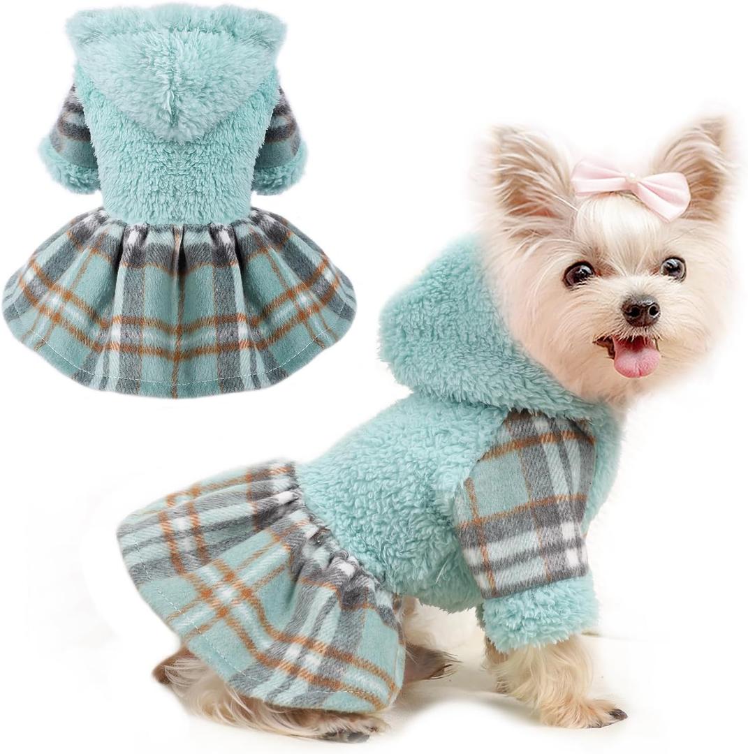 Dog Hoodie Dress Winter Pet Sweaters for Small Dogs Girl Cold Weather Warm Puppy Dresses Plaid Pet Clothes Outfits for Chihuahua Yorkie Teacup Cat Skirt Coat Apparel Clothing (Small, Blue) (SmallChest 15.8 In), Green)