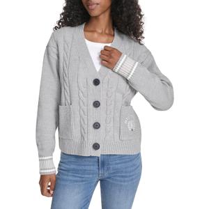 Tommy Hilfiger Womens Boxy Varsity Cable Cardigan (Large, Medium Heather Grey Multi)