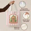 KEUSPI Christmas Tree Gingerbread House Tote Bag for Women, Preppy Christmas Canvas Tote Bag, Pink and White Striped Xmas Ginger Bread Reusable Shopping Grocery Bags