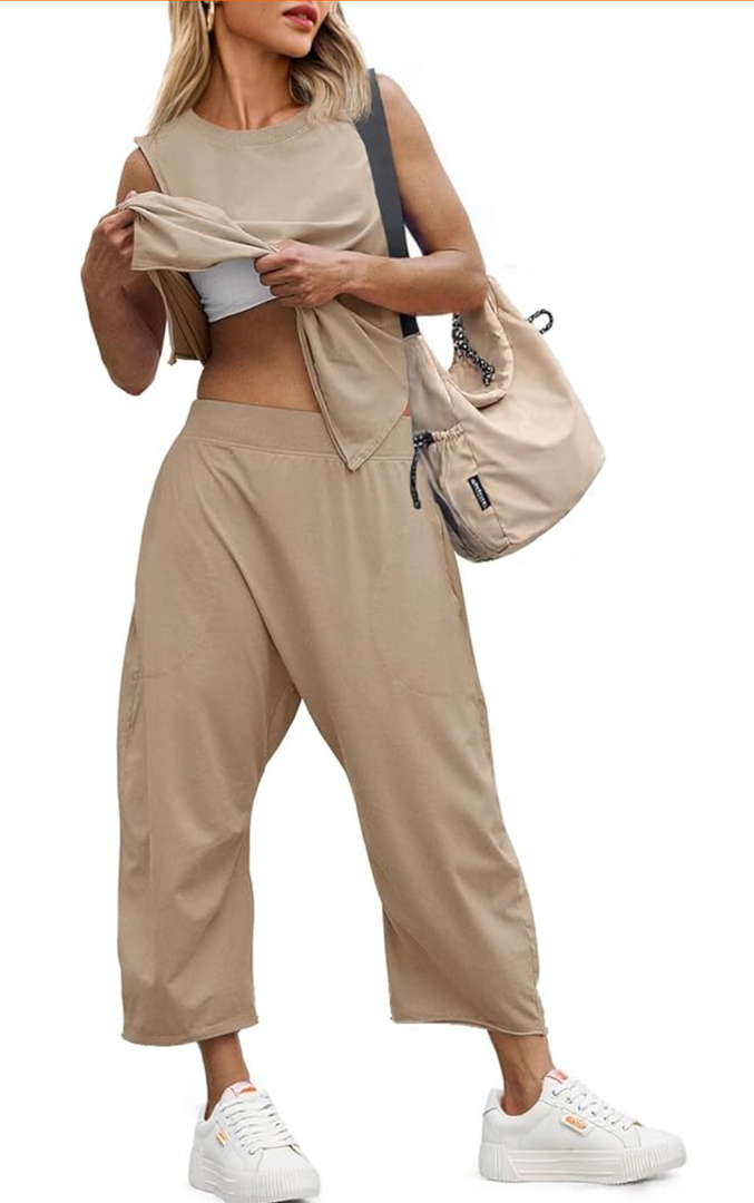 Fisoew Womens 2 Piece Sets Summer Outfits Sleeveless Wide Leg Tracksuits Casual Sweat Sets Lounge Sweatsuits, Medium, Brown