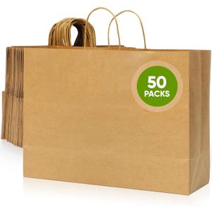 Tobvory Paper Bags With Handles, 50 Pcs Kraft Paper Bags 16x6x12 Inches Brown Bulk, Large Recycled Paper Bag, Shopping/Gift/Retail Bag For Small Business Grocery