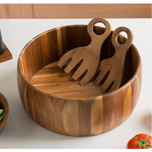 SullyHÔME 12" Acacia Wood Salad Bowl with Serving Spoons
