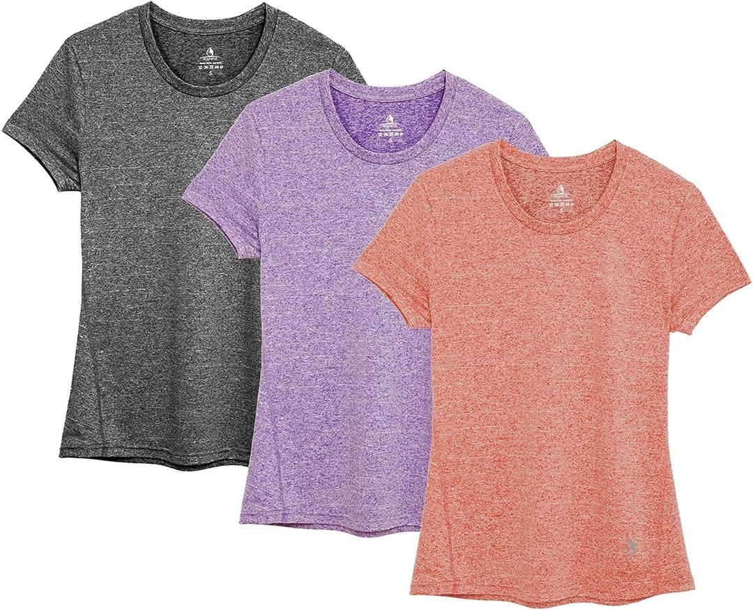 icyzone Workout Running T-shirts for Women - Fitness Athletic Yoga Tops Exercise Gym Shirts (Pack of 3) (Large, Charcoal/Lavender/Peach)
