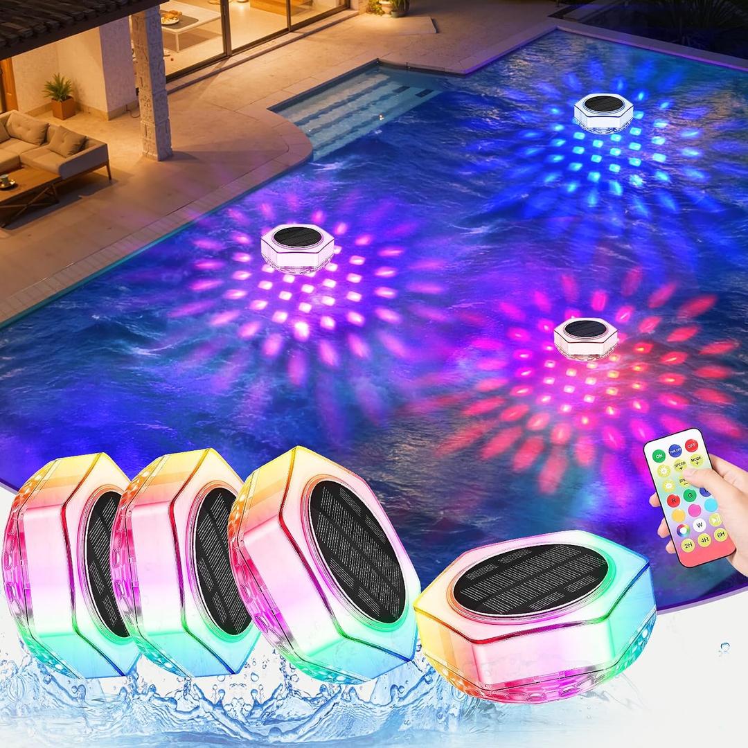 TaoFiaCo Solar Floating Pool Lights RGB Color Changing with Remote 4-Pack | 13 Modes, 4 Brightness, 2/4/6H Timer, 35ft Remote, IP68 Waterproof, Diamond Design, for Pool Hot Tub Spa Party
