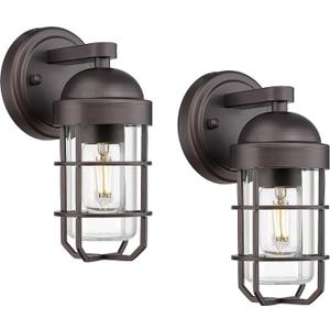 Emliviar Farmhouse Outdoor Wall Sconces, 2 Pack Vintage Exterior Light Fixtures with Nautical Metal Cage and Tempered Glass, Oil Rubbed Bronze Finish, GE255B-2PK ORB